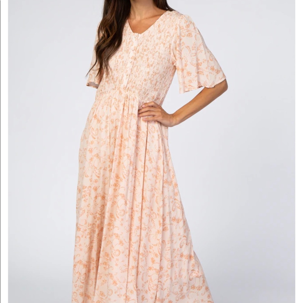Peach Floral Button Front Smocked Midi Dress - NEW